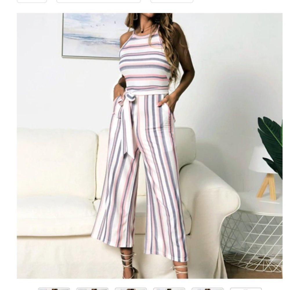 Italian Pink Stripe Jumpsuit with Pockets - Picture 1 of 16
